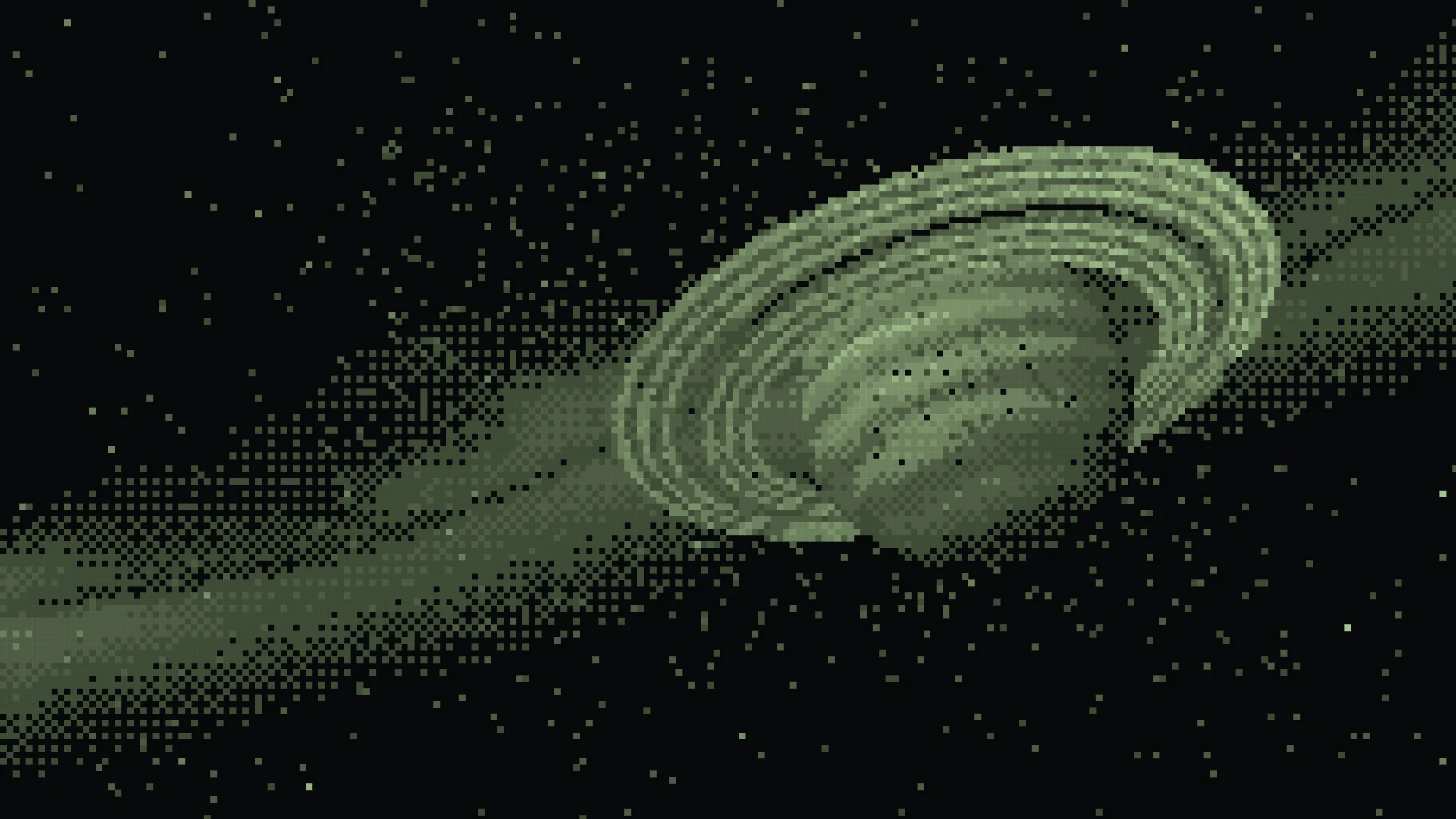 字符宇宙实际画面：绿色像素星球和环绕的星环
